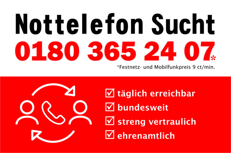 Telefonische Hilfe an 365 Tagen im Jahr täglich beim Nottelefon Sucht unter 0180 365 24 07